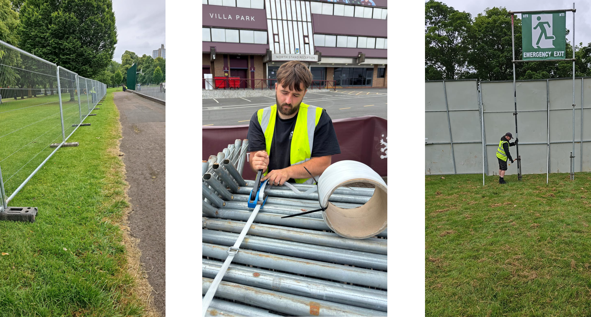 Site crew installing fencing and scaffold towers for festival infrastructure